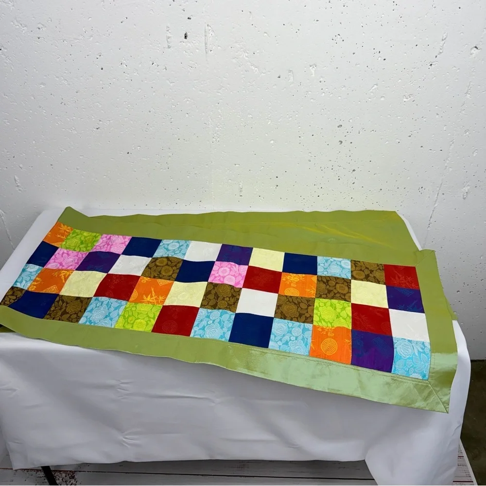 100% Silk Multi Colored Patchwork Chinese Table Cloth 16.7 x 75 Inches